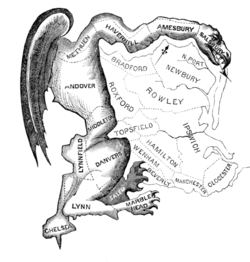 Caricatura política titulada The Gerrymander de Gilbert Stuart en 1812 sobre el ajuste de demarcaciones electorales.