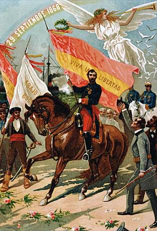 Estampa alegórica de la Gloriosa, publicada en La Flaca en 1874