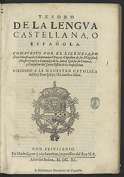 Portada del Tesoro de la lengua castellana de Covarrubias