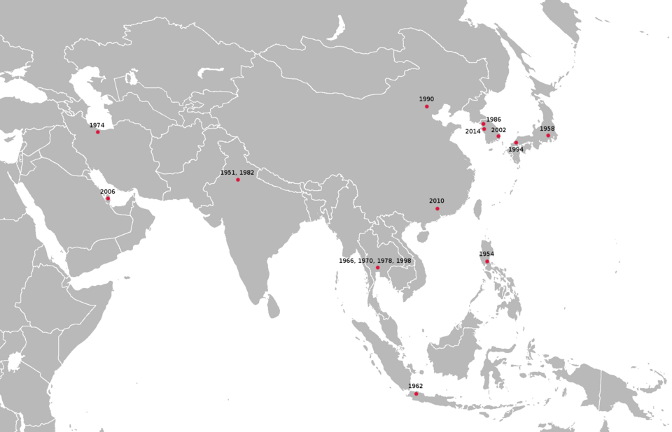 Mapa que muestra los países anfitriones y ciudades sede de los Juegos Asiáticos a lo largo de su historia.