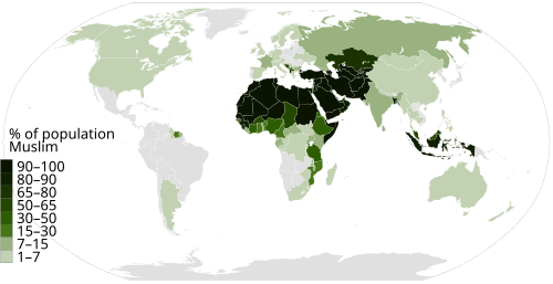 Mapa de distribución porcentual de la población musulmana en el mundo