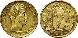 Moneda de 40 francos con la efigie de Carlos X