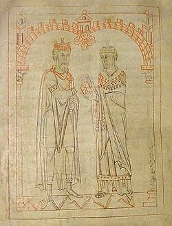 Miniatura medieval que representa al rey Miro de Galicia junto a Martín de Braga
