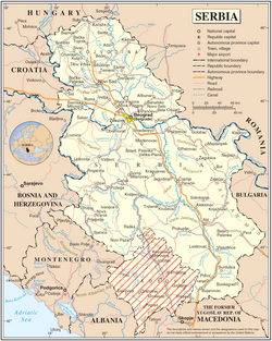 Mapa político de Serbia con la representación geográfica de sus divisiones y la región disputada de Kosovo.