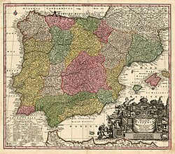 Mapa geográfico de España y Portugal de 1734