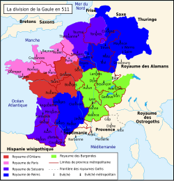 Mapa histórico de la Galia en el año 511 tras la división del reino