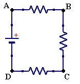 Esquema de un circuito eléctrico que muestra los nodos etiquetados como A, B, C y D.