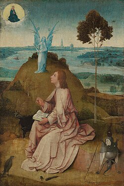 Representación artística de san Juan Evangelista escribiendo el Apocalipsis.