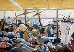 Pintura histórica de Joaquín Sorolla que representa la pesca del atún en Ayamonte en 1919