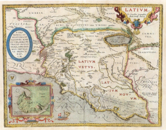 Mapa histórico de Latium vetus y Latium adiectum por Abraham Ortelius (1595)