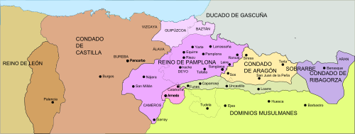 Mapa histórico del reino de Pamplona a la muerte de Sancho III el Mayor en 1035.