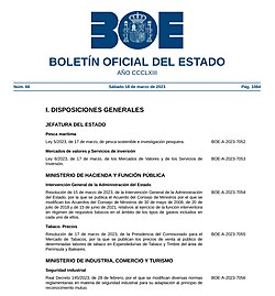 Cabecera e información general del Boletín Oficial del Estado