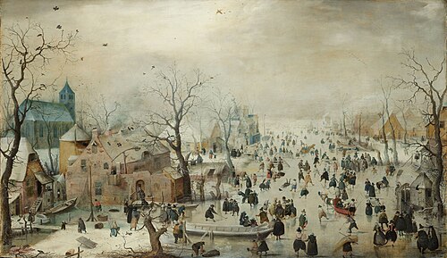 Paisaje invernal con figuras sobre el hielo