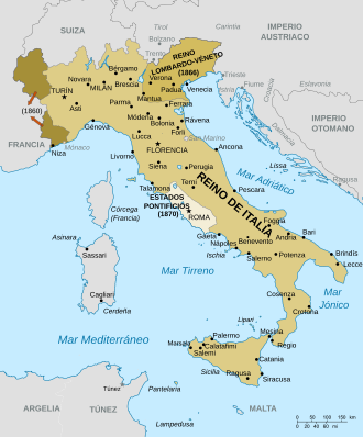 Mapa de Italia en vísperas de la tercera guerra de independencia