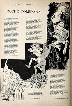 Dibujo histórico titulado Noche toledana de Mecachis con texto de Navarro Gonzalvo publicado en Blanco y Negro en 1896