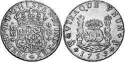 Moneda española de ocho reales acuñada en México.