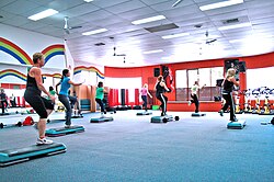 Personas realizando pasos aeróbicos en un gimnasio