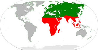 Mapa del Viejo Mundo dividido en ecozonas destacando el Paleártico y el Paleotrópico