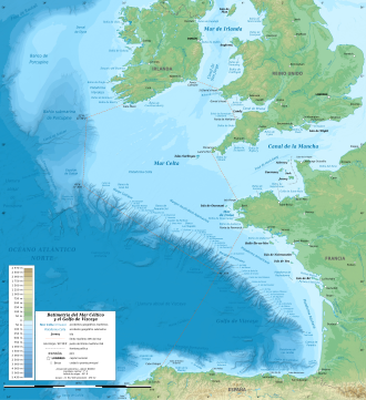 Mapa batimétrico detallado del Mar Céltico y el Golfo de Vizcaya