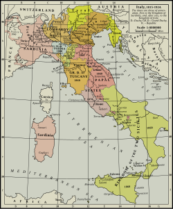 Mapa esquemático del proceso de unificación italiana