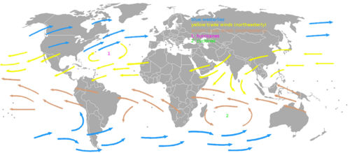 Mapa mundial con la distribución de los vientos del oeste