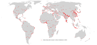 Mapa de espacios urbanos con al menos un millón de habitantes proyectados para 2025