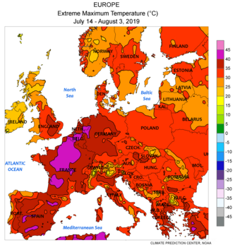 La ola de calor europea de julio de 2019 afectó a gran parte de Francia con temperaturas superiores a los 40 °C.