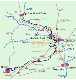 Esquema del recorrido del acueducto romano desde Uzès hasta Nimes