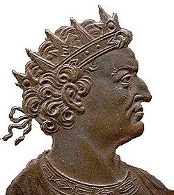 Representación clásica de Faramundo, considerado tradicionalmente el primer rey de los francos salios.