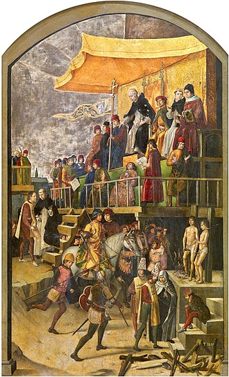 Pintura histórica que representa un auto de fe presidido por Santo Domingo de Guzmán por Pedro Berruguete