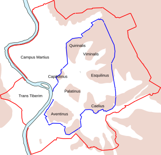 Plano de Roma con las murallas en rojo