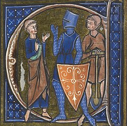 Miniatura medieval que muestra a un siervo con herramientas de trabajo junto a un noble y un eclesiástico.