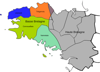 Mapa con las divisiones dialectales del bretón