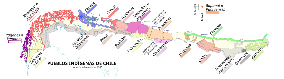 Mapa histórico de los pueblos indígenas de Chile hacia 1535.
