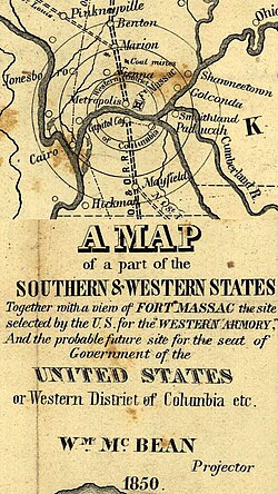 Mapa de 1850 del planeado Distrito Occidental de Columbia