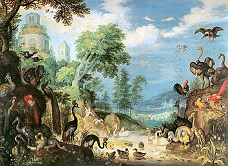 Paisaje con aves, óleo sobre madera, albergado en el Museo de la Historia del Arte de Viena.