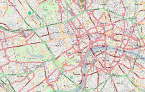 Mapa del centro de Londres basado en datos geográficos de OpenStreetMap.