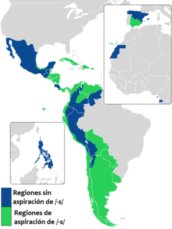 Mapa geográfico que delimita las zonas con aspiración y elisión de la letra s frente a las zonas de mantenimiento.