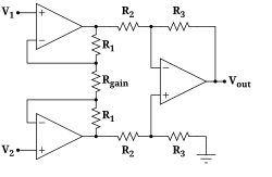Esquema de un amplificador de instrumentación biomédica.