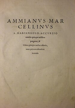 Página de una copia impresa antigua de la obra Rerum gestarum de Amiano Marcelino fechada en el año 1533.