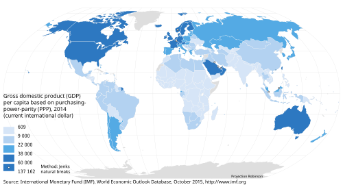 Distribución global de la paridad del poder adquisitivo en 2014 según el Fondo Monetario Internacional.