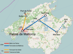 Mapa de las líneas de ferrocarril en Mallorca