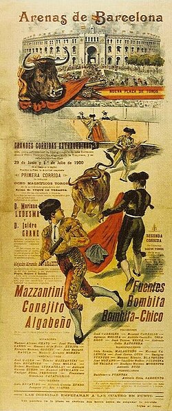 Cartel antiguo de 1900 anunciando corridas de toros en Barcelona