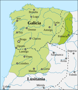 Mapa histórico de la extensión del Reino suevo entre los siglos V y VI