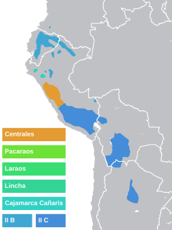 Mapa detallado de las principales divisiones de la familia quechua