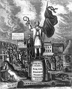 Grabado histórico de 1820 titulado El rey Alcohol y su primer ministro
