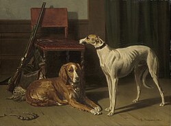 Perros de caza y equipo tradicional en una pintura neerlandesa del siglo XIX
