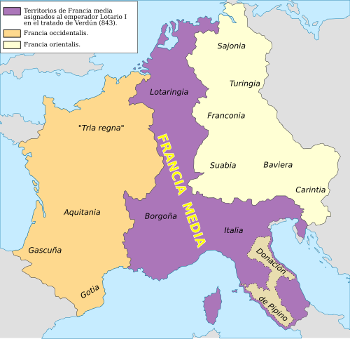 Representación de los territorios del Tratado de Verdún de oeste a este