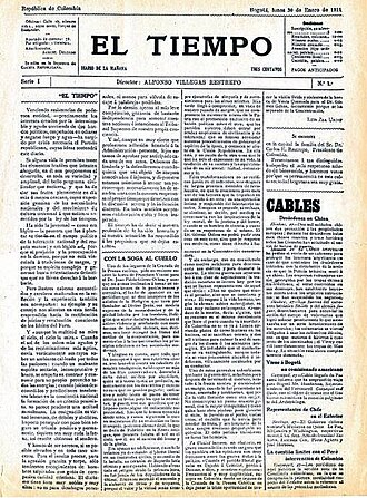 Portada de la primera edición de El Tiempo
