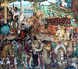 Mural de Diego Rivera que representa el cobro de alcabalas en monedas de plata